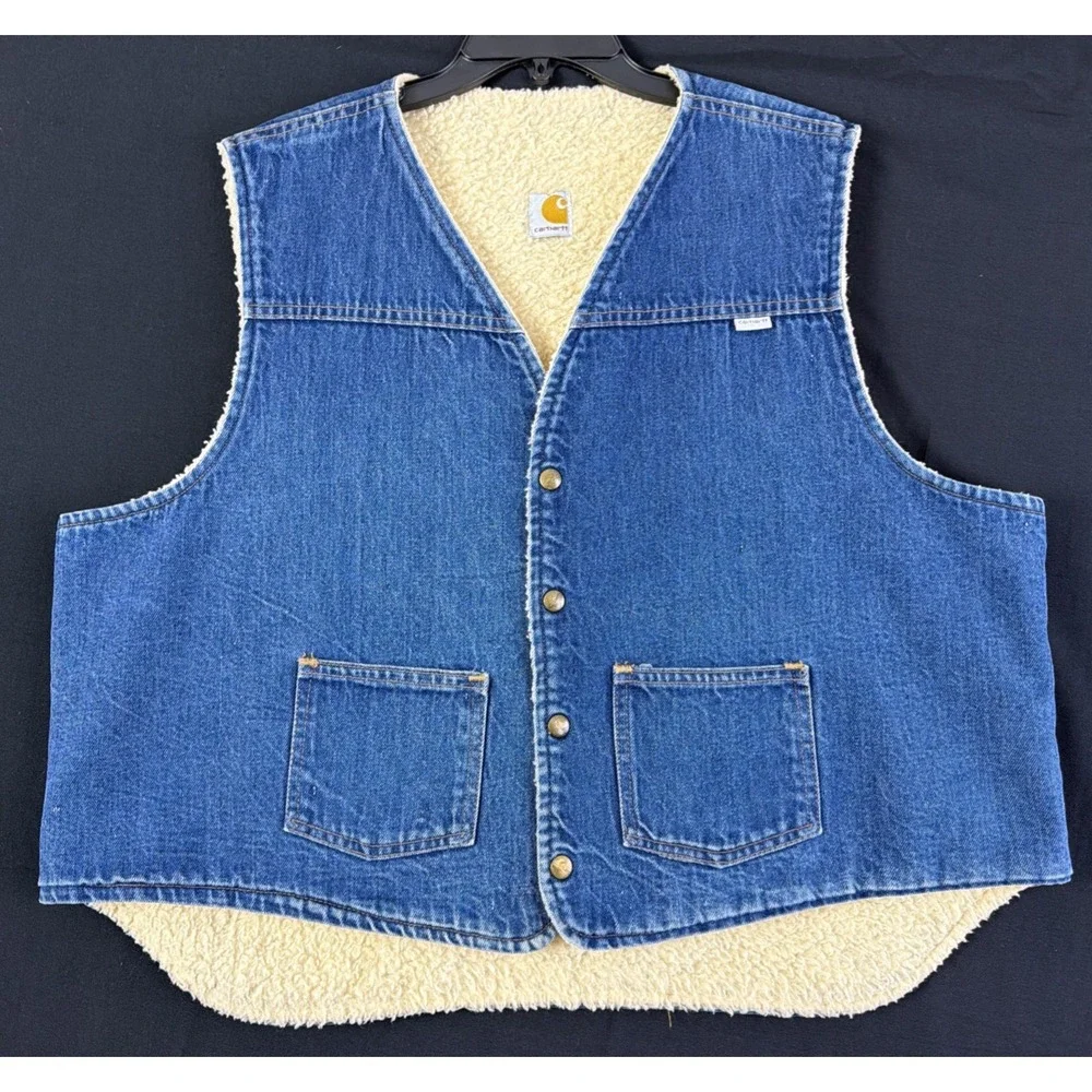 VTG 80's Carhartt Denim Western Style Vest Sherpa Lined Workwear Outerwear XXL - Picture 1 of 11